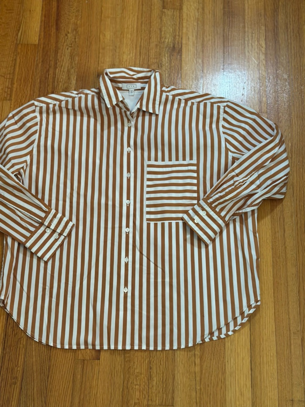 AYR  Deep End XL Brown White Striped Button Front Long Sleeve Blouse Top  (o)